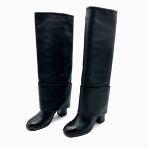 CHANEL Black CC Logo Tall Heeled Boots Size 37 Cap Toe Leather Fold Over